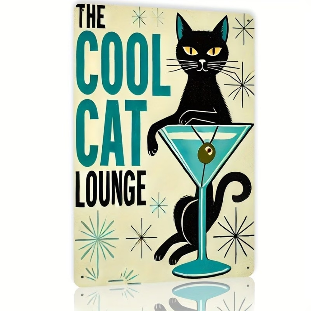 Cool Cat Wall Sign Flat, Metal Plate Midcentury Atomic Cat Lounge Black Decor